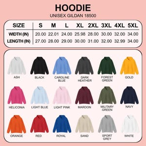 May include: A selection of Gildan 18500 unisex hoodies in colours like black, and navy. The image shows size and measurement details in inches, with widths from 50.8 cm to 86.36 cm. The text 'HOODIE' is at the top.