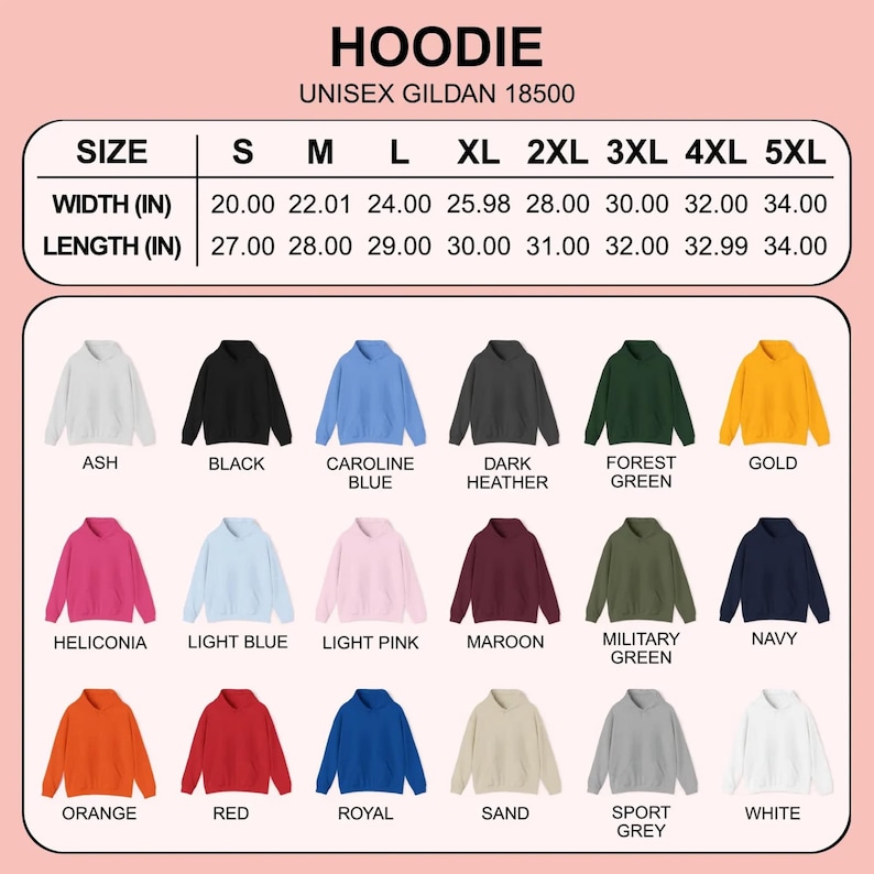 May include: A selection of Gildan 18500 unisex hoodies in colours like black, and navy. The image shows size and measurement details in inches, with widths from 50.8 cm to 86.36 cm. The text 'HOODIE' is at the top.