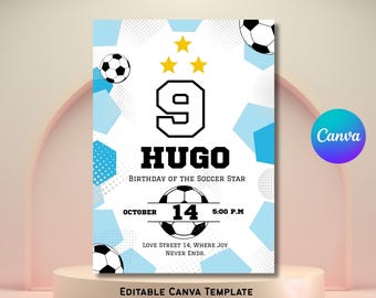 Fotbollsfödelsedagsinbjudan pojke, fotbollsfödelsedagsfestinbjudan, redigerbar Canvas-mall, direktnedladdning, digital fotbollsfestinbjudan