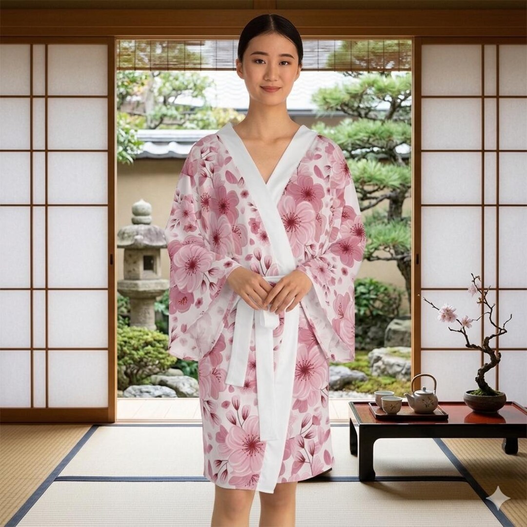 Pink Cherry Blossom Kimono Robe | Floral Long Sleeve Robe - Etsy