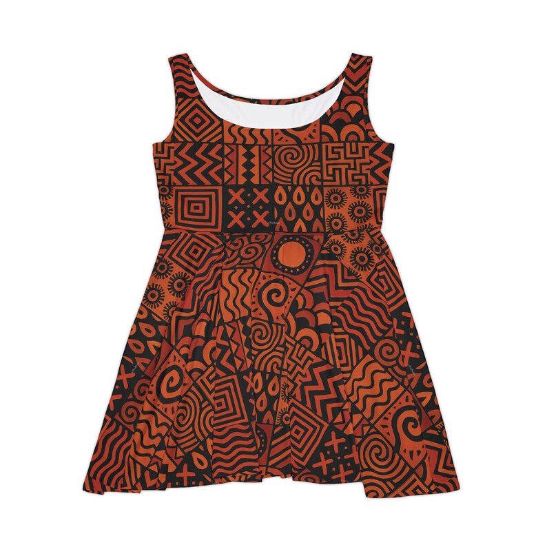 Abstract Tribal Pattern Skater Dress | Orange Black Geometric AOP - Etsy