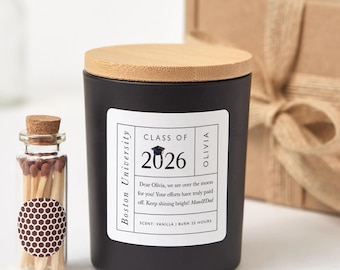 Personalized Graduation Candle for Class of 2026 Student, College or University Gift with Custom Name, Includes Matches