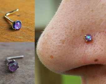 Purple Opal 14kt Gold Nose Ring Opal Gold Nose Stud L Bend 3mm Opal