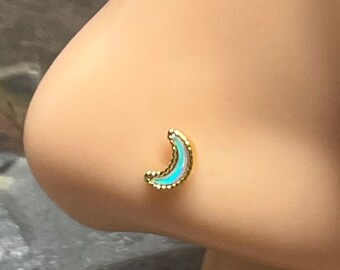 20g Yellow Gold or Rose Gold Opal Moon Nose Stud L Bend Nose Ring - Gift under 15