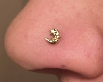 L Bend 14kt Gold Nose Ring Gold Nose Stud Lunar Moon and Stars