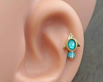 Pharaoh Triangle Teal Opal Gold Stud Cartilage Earring Piercing 16g