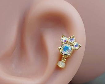 Aurora Borealis Paw Print Gold Stud Cartilage Earring Piercing 16g