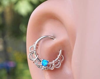 16 Gauge Blue Opal Silver Daith Rook Hoop Ring Daith Septum Hoop