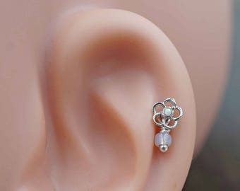 White Opal Flower Silver Tragus Cartilage Helix Earring Piercing 16g