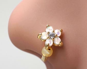 White Opal Flower Gold Nose Hoop Nose Ring 20G Gold Nose Ring