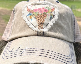Beige Hat with Cow Bull Skull and Flowers Patch Hat