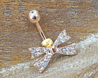 Crystal Bow Rose Gold Belly Button Jewelry Ring