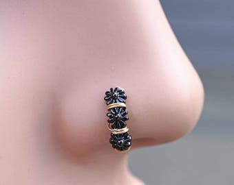 Black Daisy Boho Nose Ring Feather Nose Hoop Nose Piercing