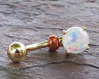 White Opal Glitter Gold Belly Button Ring Prong Set
