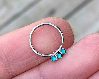 Triple Teal Opal Daith Earring Rook Piercing Hoop