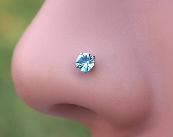 18g or 20g Aqua Blue Crystal Nose Stud Nose Bone