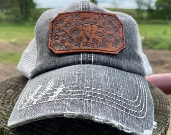 Distressed Black and Grey Trucker Hat with Tooled Leather Flower Patch Hat Ponytail Bun Hat