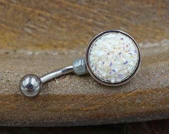 White Druzy Round Belly Button Ring - Short Belly Button Ring