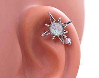 Sun Hex Earring, Opal Cartilage 16g Earring