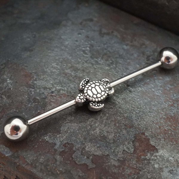 Silver Sea Turtle 16g Industrial Barbell Beaded Scaffold Piercing