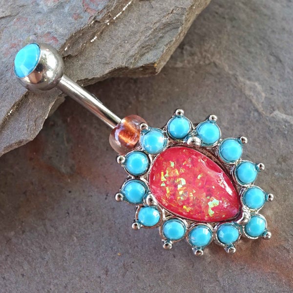 Pink Opal Turquoise Silver Belly Button Ring