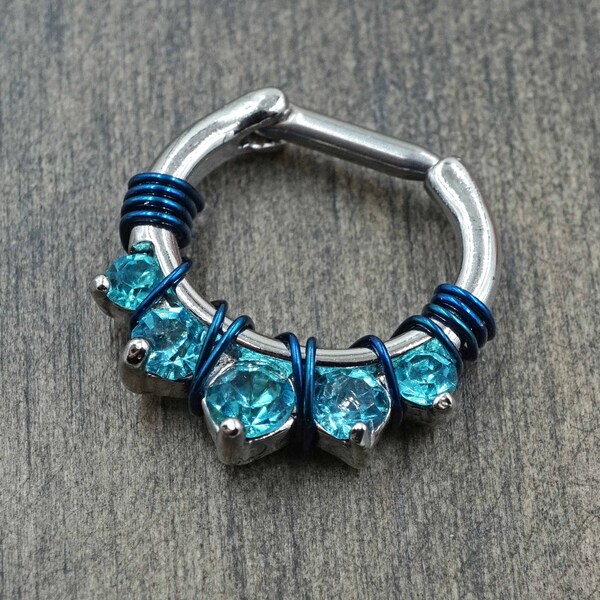 14 Gauge Aqua Blue Crystal Septum Ring Clicker Bull Ring Nose Piercing