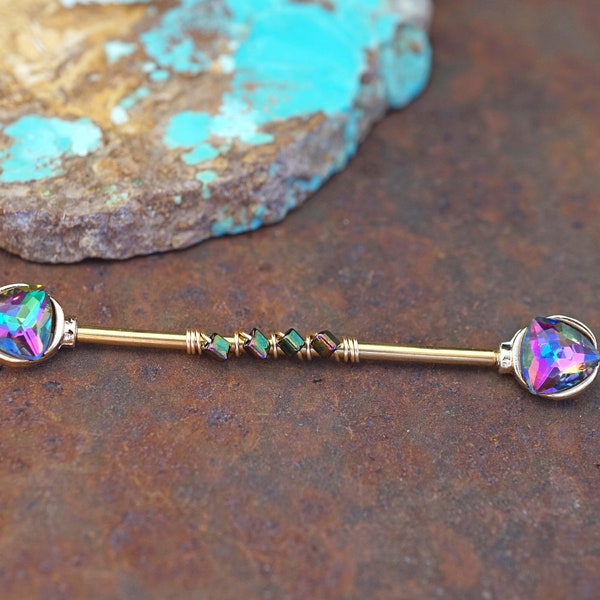 Regenbogen Vitrail Trillion Dreieck Gem 14 Gauge Gelbgold Industrielle Langhantel