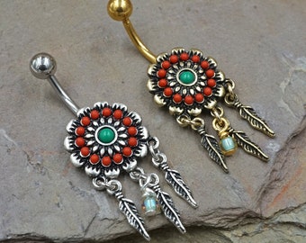 Turquoise and Red Dream Catcher and Feathers 316L Surgical Steel Belly Button Navel Rings