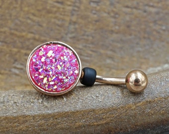 Bright Pink Druzy Round Rose Gold Belly Button Ring - Short Belly Button Ring