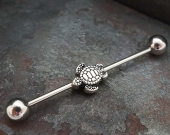 Silver Sea Turtle 16g Industrial Barbell Beaded Scaffold Piercing