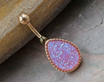 Light Purple Druzy Rose Gold Belly Button Ring - Short Belly Button Ring