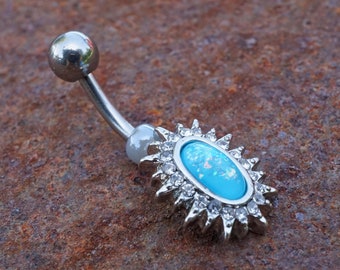 Blue Opal Sunburst Silver Belly Button Navel Rings