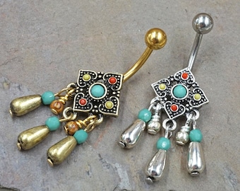 Tribal Square Flower with Turquoise Center and Beads Dangle 316L Surgical Steel Belly Button Navel Rings