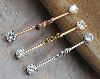 14 gauge Beaded Clear Crystal Industrial Barbell