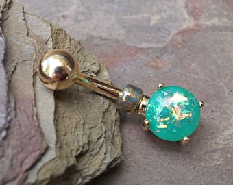 Green Opal Glitter Gold Belly Button Ring Prong Set