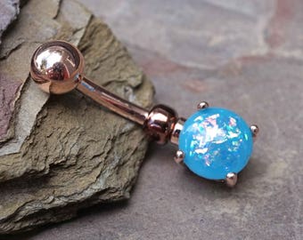 Light Blue Opal Rose Gold Belly Button Jewelry Ring Prong Set