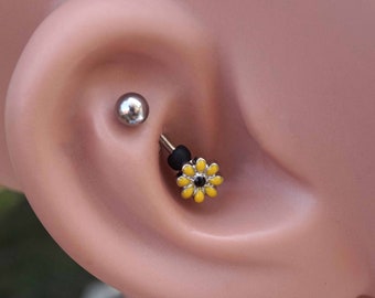 Yellow Daisy Silver Rook Earring Daith Piercing Eyebrow Ring