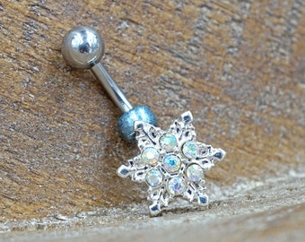 Aurora Borealis Silver Snowflake Belly Button Rings - Winter Belly Button Ring