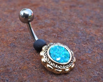 Aqua Blue Druzy Flower Gold Belly Button Navel Rings