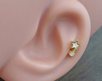 White Opal Star Gold Stud Cartilage Earring Piercing 16g