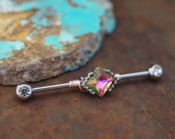 Pink CZ Vitrail Diamond Shaped Gem Industrial Barbell 14g or 16g