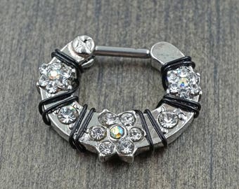 SALE - 16 Gauge Crystal Flower Gems Septum Ring Clicker Daith Rook Earring Hoop