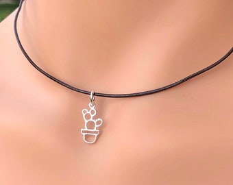 Sterling Silver Potted Prickly Pear Cactus Choker Necklace on Leather