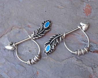 Turquoise Feather Nipple Ring Nipple Bar