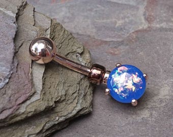 Blue Opal Rose Gold Belly Button Jewelry Ring Prong Set