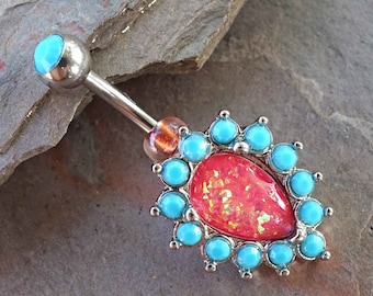 Pink Opal Turquoise Silver Belly Button Ring