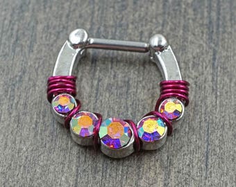 Aurora Borealis Pink Silver Septum Ring Clicker Daith Ring Rook Earring
