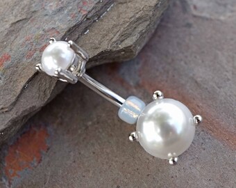 Pearl Prong Set Silver Belly Button Ring