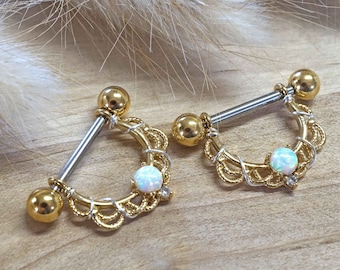 White Opal Gold 14g or 16g Nipple Shield Nipple Ring Nipple Piercing