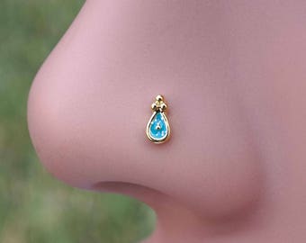 Blue Sparkling 14kt Gold Nose Stud Gold Nose Ring